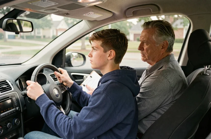 Jeune conducteur en conduite accompagnée avec un moniteur adulte dans une voiture compacte moderne, permis probatoire