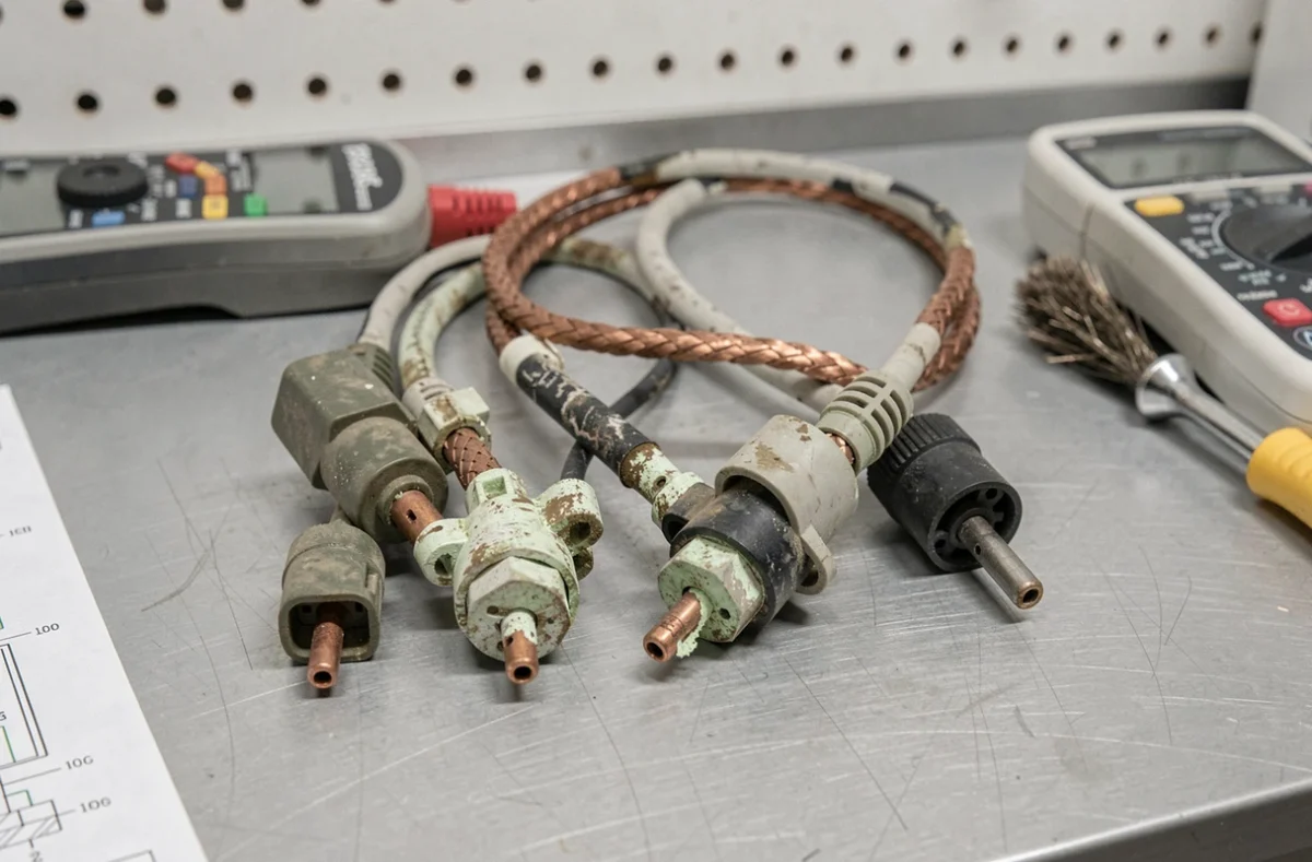 Connecteurs électriques oxydés d'une Peugeot sur un établi de diagnostic automobile