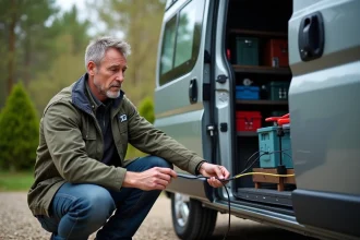 Homme connectant un inverseur 12V 220V à côté d’un van aménagé