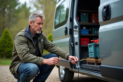 Homme connectant un inverseur 12V 220V à côté d’un van aménagé