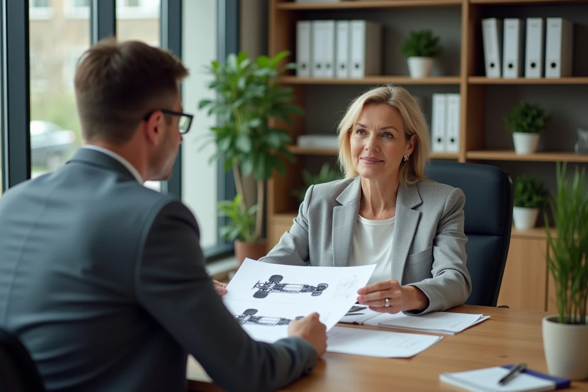 Femme discutant de l'assurance d'une voiture kit avec un conseiller dans un bureau moderne
