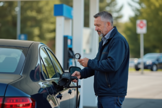 Homme vérifiant la pression des pneus de sa voiture à la station