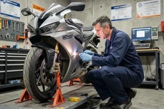 Technicien agréé effectuant un contrôle technique moto dans un garage officiel en 2026