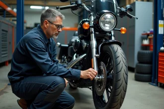 Technicien effectuant un contrôle technique sur une moto dans un garage professionnel