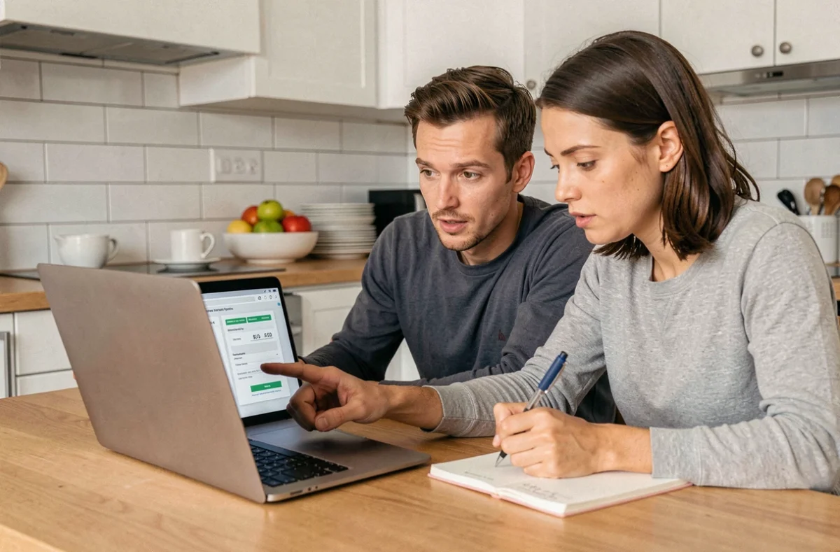 Couple comparant des devis d'assurance auto sur un ordinateur portable à la table de cuisine