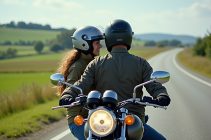 Couple à moto sur route de campagne verdoyante
