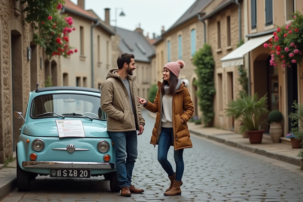 Jeune couple devant voiture dans village français