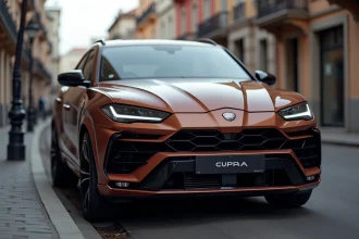 Cupra Formentor en peinture métallique cuivrée garé en ville, vue 3/4 avant mettant en valeur le design sportif