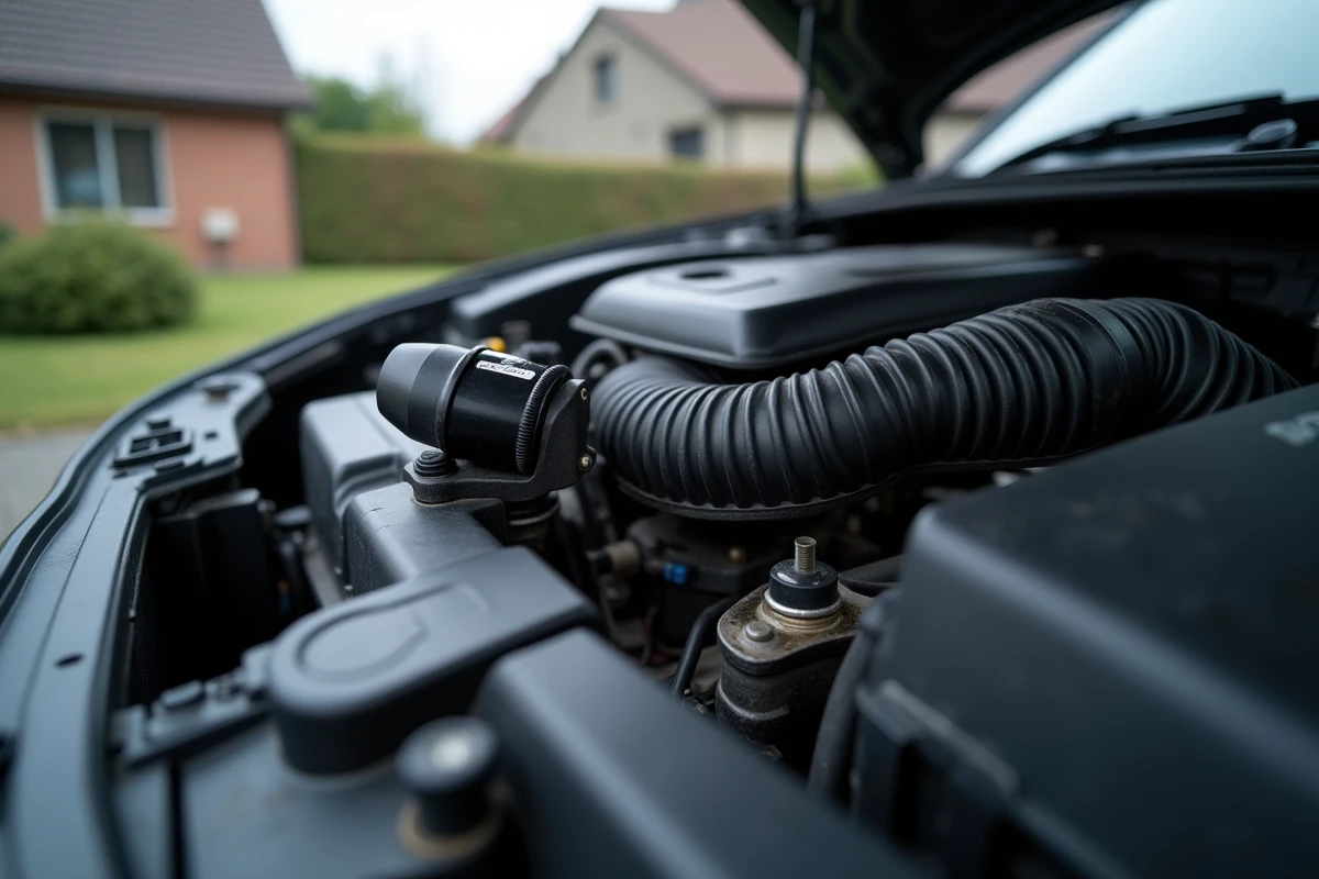 Débitmètre d'air sur le moteur diesel BMW M47 avec filtre à air et durites d'admission visibles