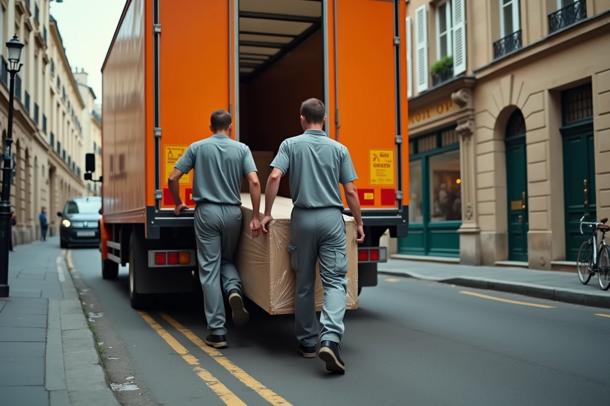 Déménageurs déchargeant un camion garé sur une place de livraison à pointillés dans une rue résidentielle parisienne