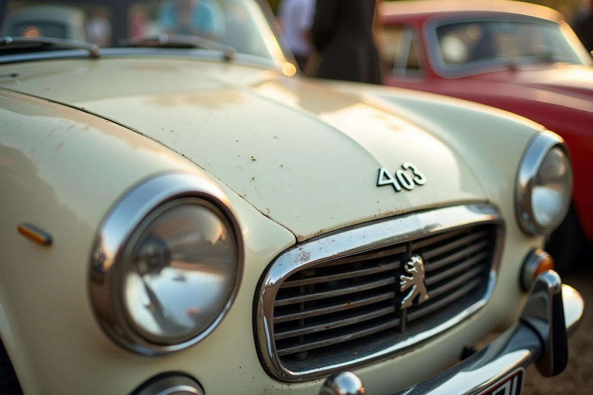 Détail du badge chromé et du capot arrondi d'une Peugeot 403 ancienne lors d'un salon de voitures classiques françaises