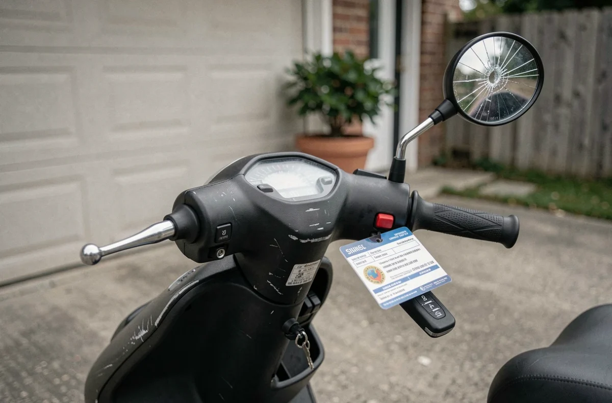 Détail du guidon d'un scooter 50cc avec certificat d'assurance et traces d'usure réelle sur la carrosserie