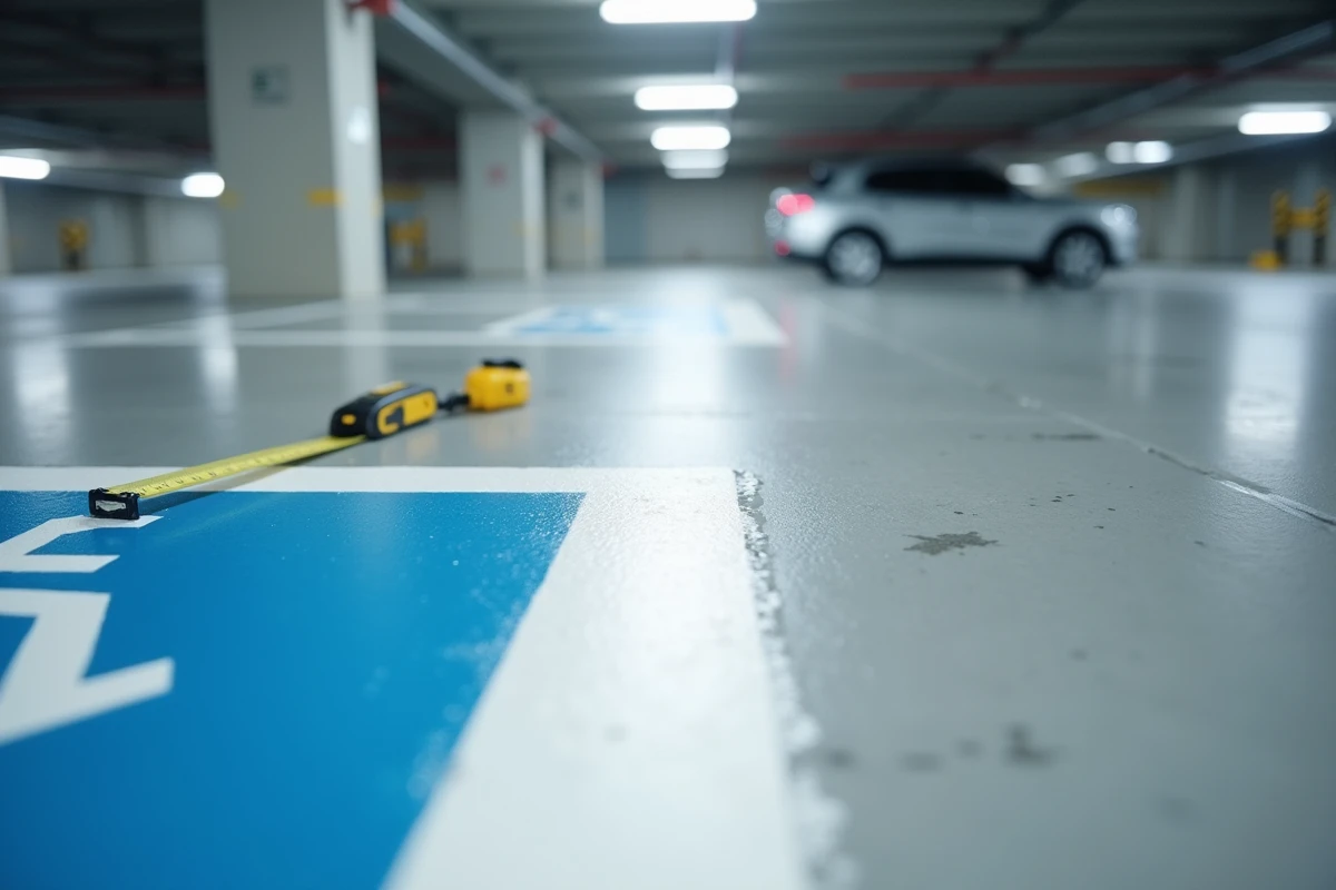 Détail de marquage au sol d'une place de parking PMR en intérieur avec ligne blanche et pictogramme handicapé peints sur béton