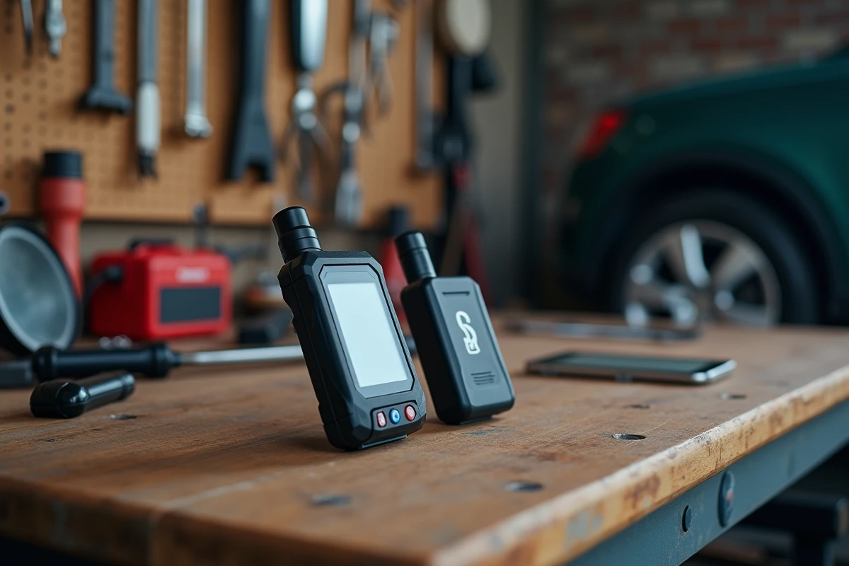 Détecteur de signal RF et traceur GPS posés sur un établi de garage avec des outils de mécanicien