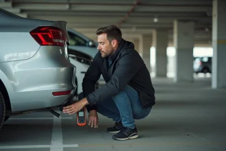 Homme utilisant un détecteur de traceur GPS sous le pare-chocs d'une voiture dans un parking souterrain