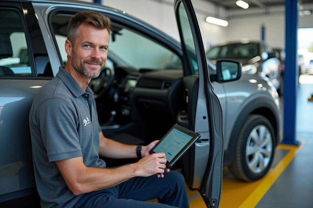 Technicien réalisant un diagnostic électronique sur un véhicule équipé du moteur 1.5 BlueHDi 130