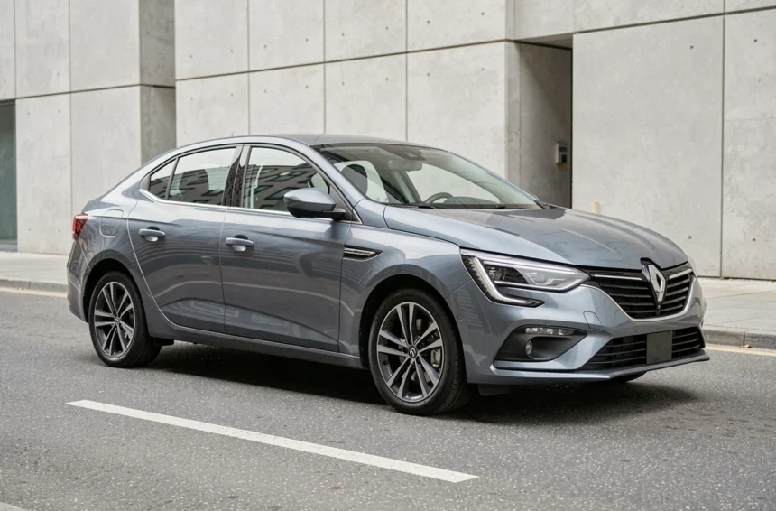 Vue extérieure trois quarts avant de la Renault Megane 2026 montrant le gabarit et les proportions de la carrosserie en milieu urbain