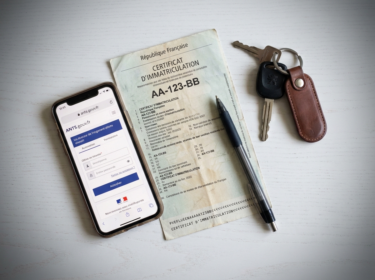 Documents nécessaires pour un changement de titulaire de carte grise incluant certificat d'immatriculation et smartphone