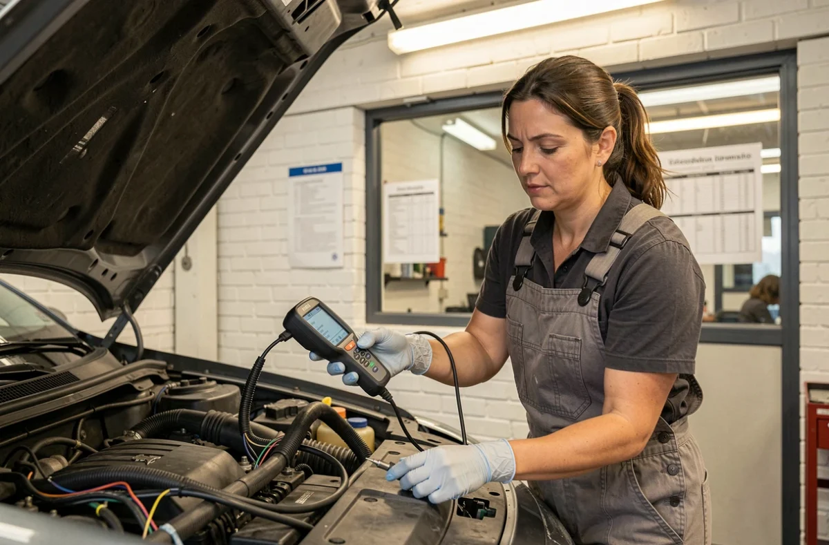 Électricienne automobile diagnostiquant le câblage électrique d'une Peugeot avec un scanner OBD