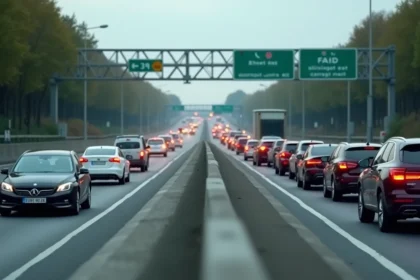 Embouteillage sur le périphérique de Toulouse avec des véhicules arrêtés et feux de détresse allumés