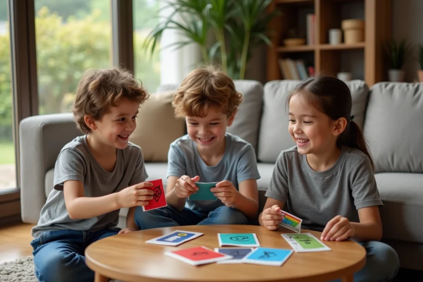 Trois enfants jouent avec des cartes de logos de voitures dans un salon chaleureux