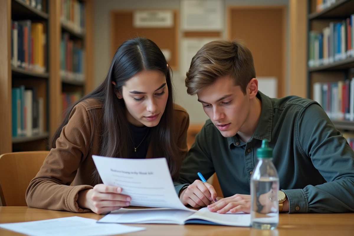 Deux étudiants révisant ensemble des questions de permis B à partir d'un cahier PDF imprimé en bibliothèque