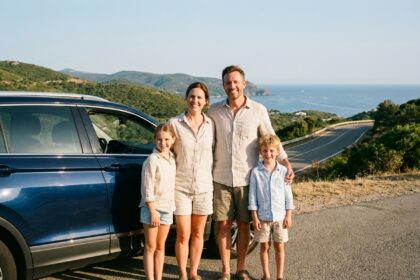 Famille heureuse avec voiture sur la côte en été