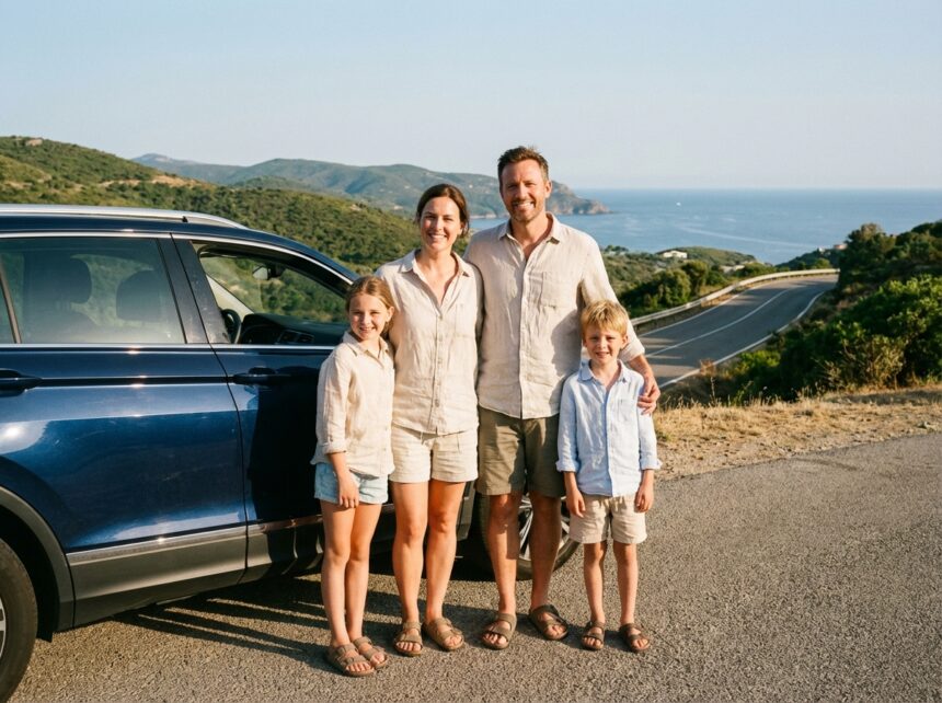 Famille heureuse avec voiture sur la côte en été