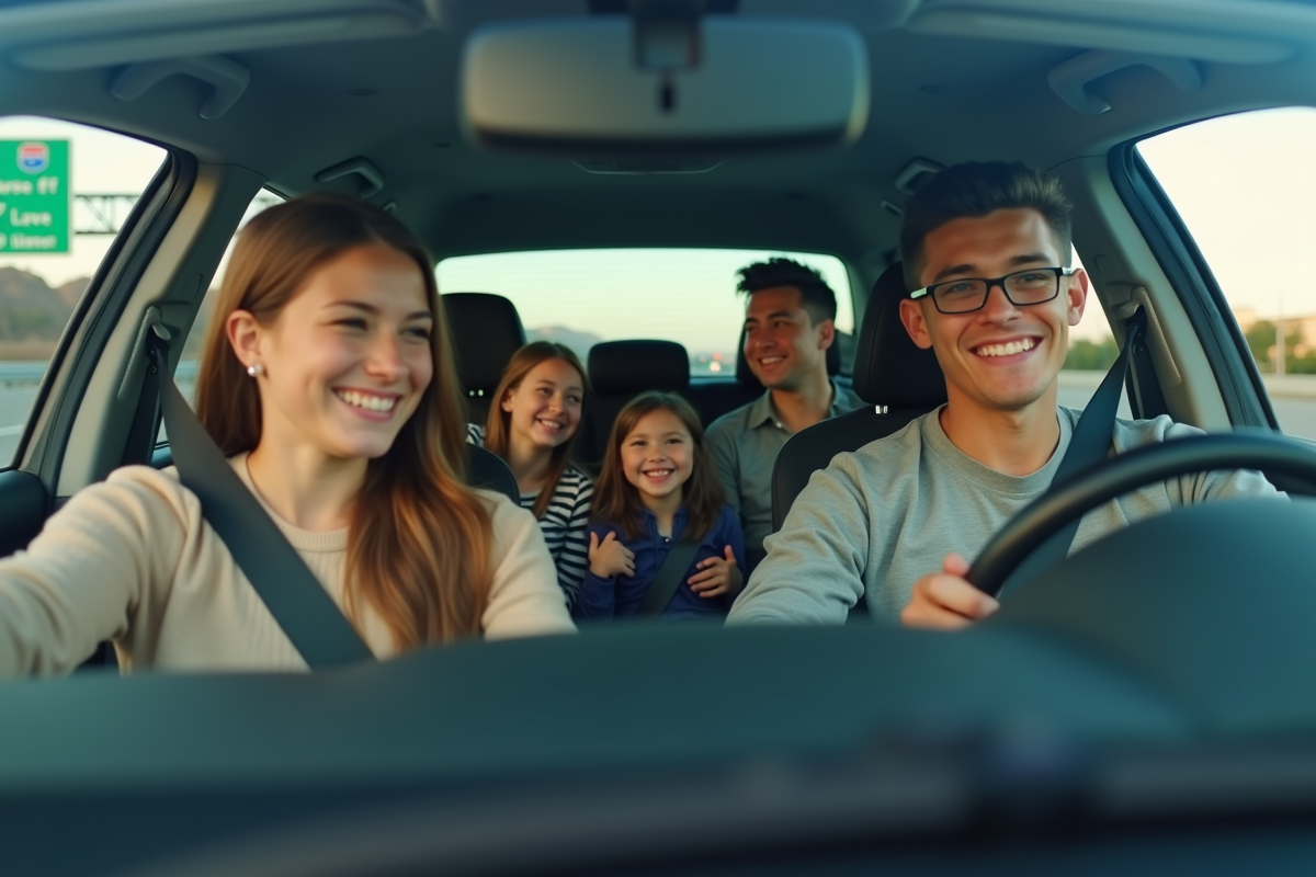 Famille souriante dans une voiture en ville