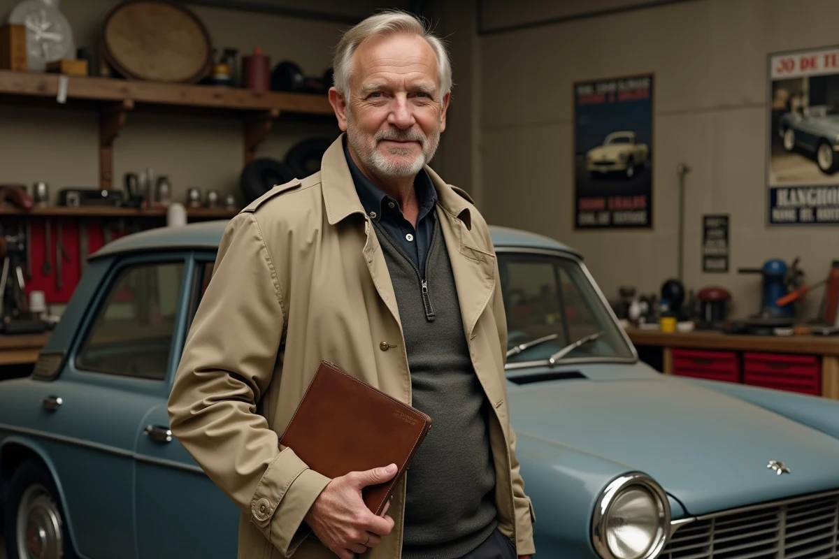 Fan de voiture rétro en imperméable beige posant à côté d'une Peugeot 403 dans un garage vintage rempli d'outils anciens