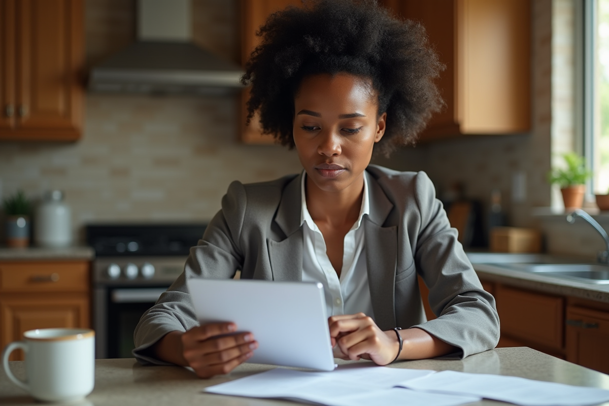 Femme africaine regarde sa carte de registration et notice dans la cuisine