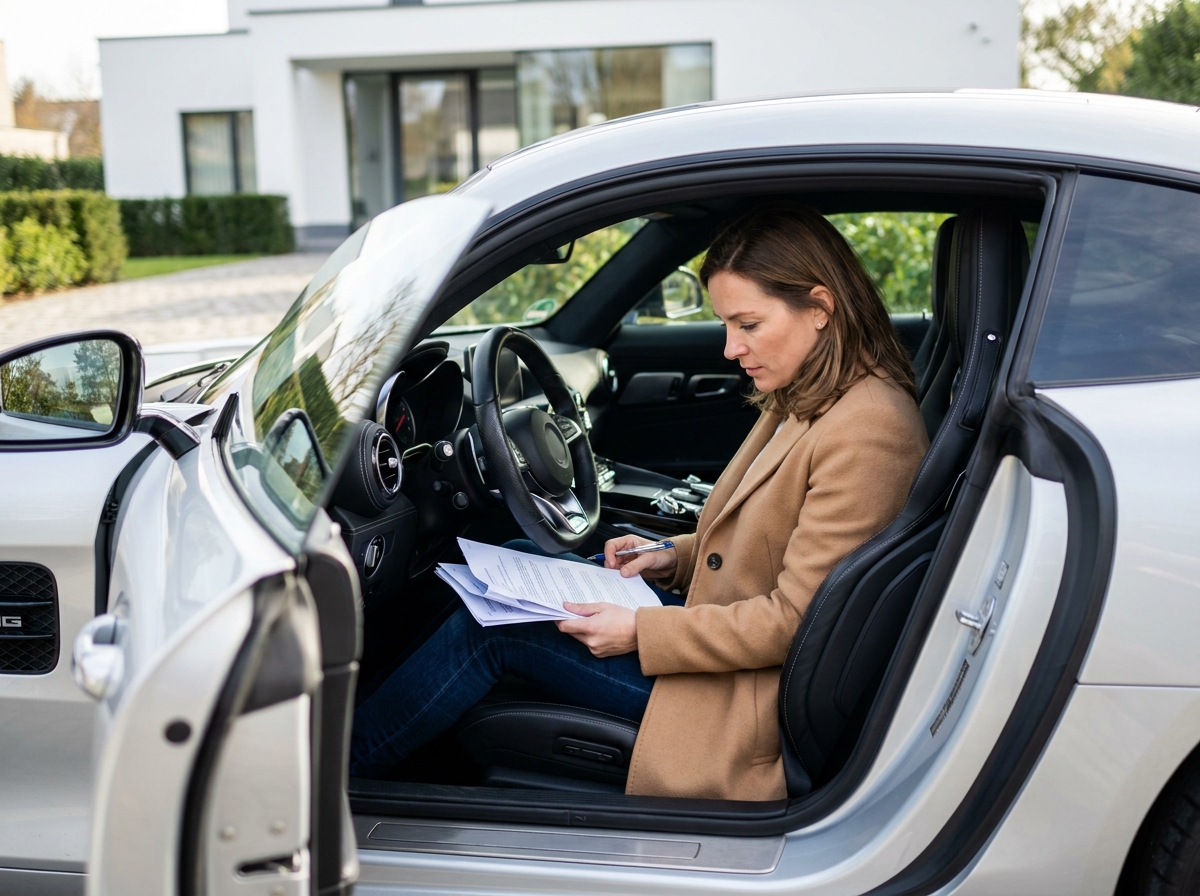 Femme consultant des documents d'assurance auto dans une voiture de sport haut de gamme devant une villa moderne