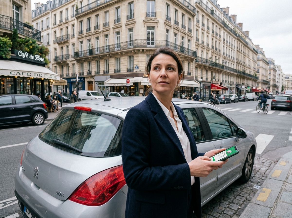 Femme consultant une application d'assurance auto en ville, montrant l'impact de la zone géographique urbaine sur le tarif