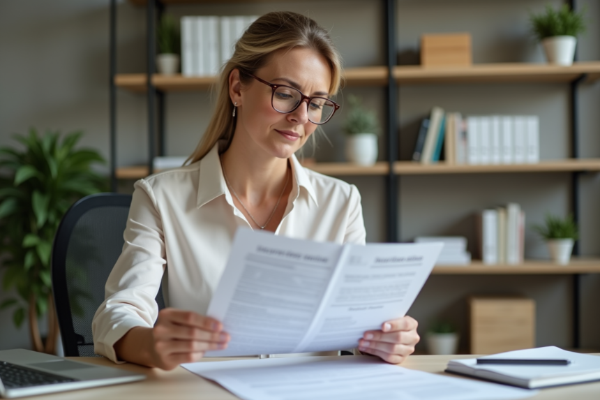Femme d'âge moyen examinant des documents d'assurance dans un bureau à domicile