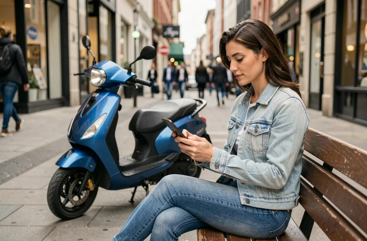 Femme souscrivant une assurance scooter en ligne sur smartphone devant son scooter en ville