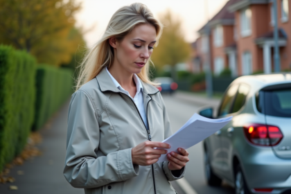 Femme française examine documents d'assurance auto dehors