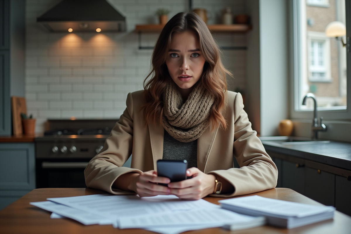 Femme examine documents d assurance a la maison