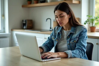 Femme en denim et rayures consulte offres de leasing auto