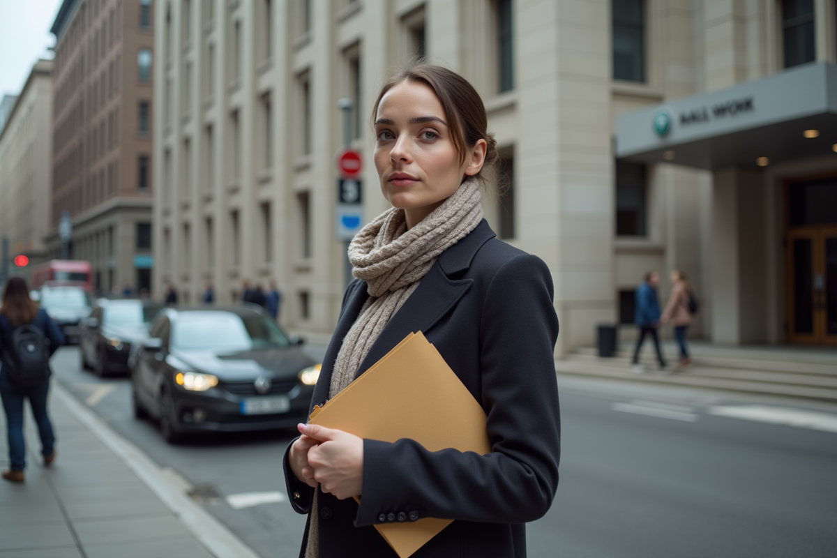 Jeune femme devant bâtiment officiel en ville