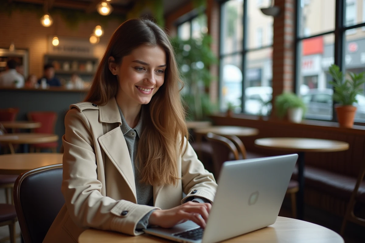 Femme souriante au café naviguant sur site auto