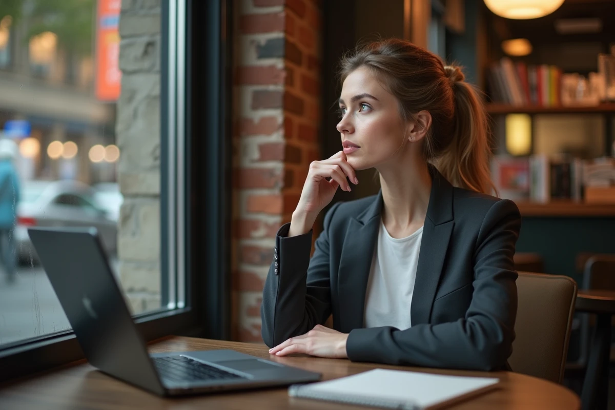 Femme pensant dans un café moderne avec ordinateur