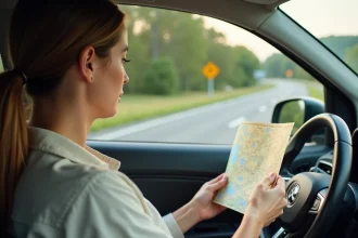 Femme consultant une carte routière papier de France assise dans sa voiture garée sur une aire d'autoroute