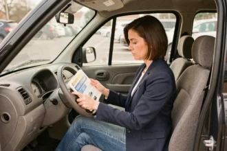 Femme étudiant le code de la route assise dans une voiture sans permis 4 places