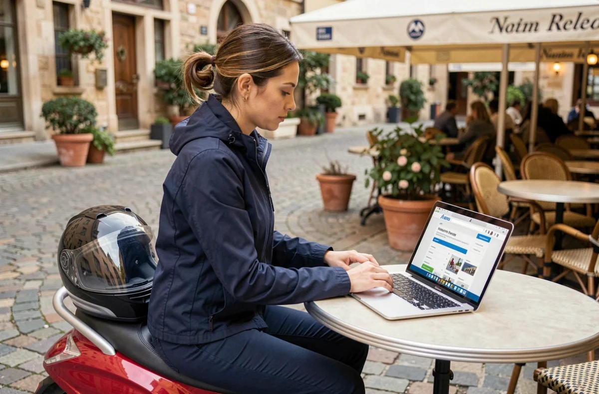 Femme recherchant une assurance scooter 125 pas chère sur un ordinateur portable en terrasse