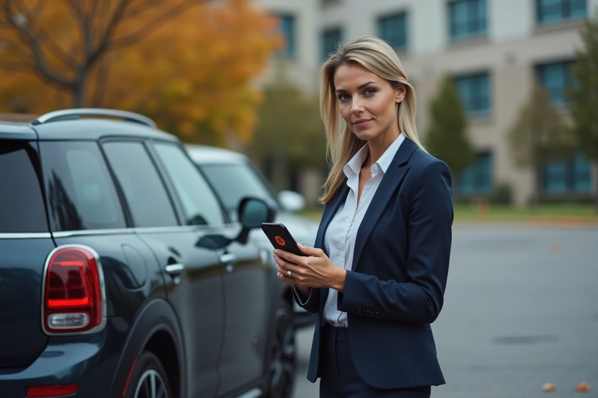 Femme utilisant une application smartphone pour détecter un traceur GPS sur son SUV dans un parking extérieur