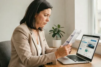 Femme consultant un devis d'assurance auto sur papier et ordinateur portable dans un bureau à domicile