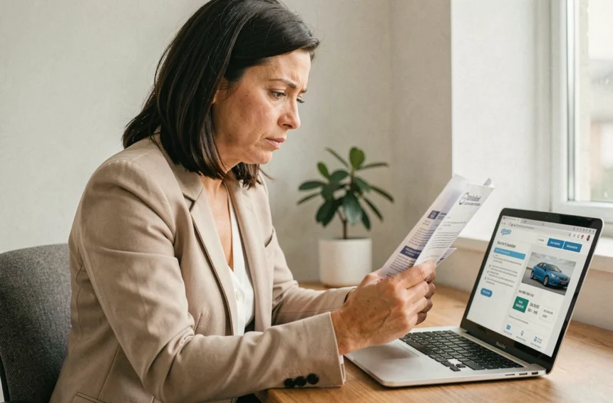 Femme consultant un devis d'assurance auto sur papier et ordinateur portable dans un bureau à domicile