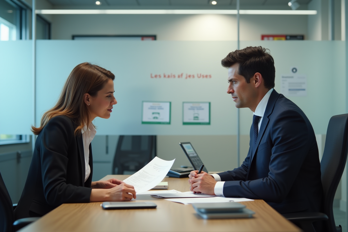 Femme en tenue professionnelle examinant des documents dans un bureau suisse