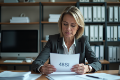 Femme professionnelle lisant un document 48SI dans un bureau