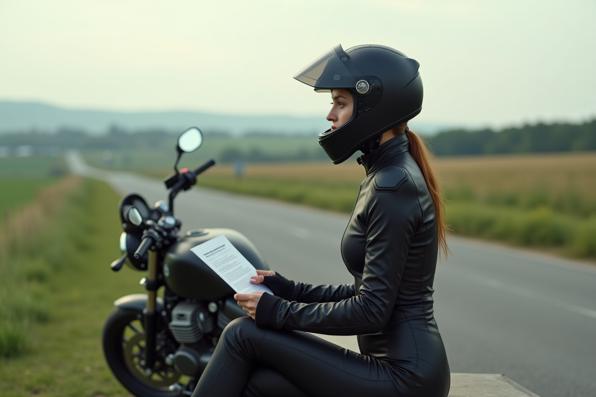 Femme en combinaison moto avec carnet près d une moto en campagne
